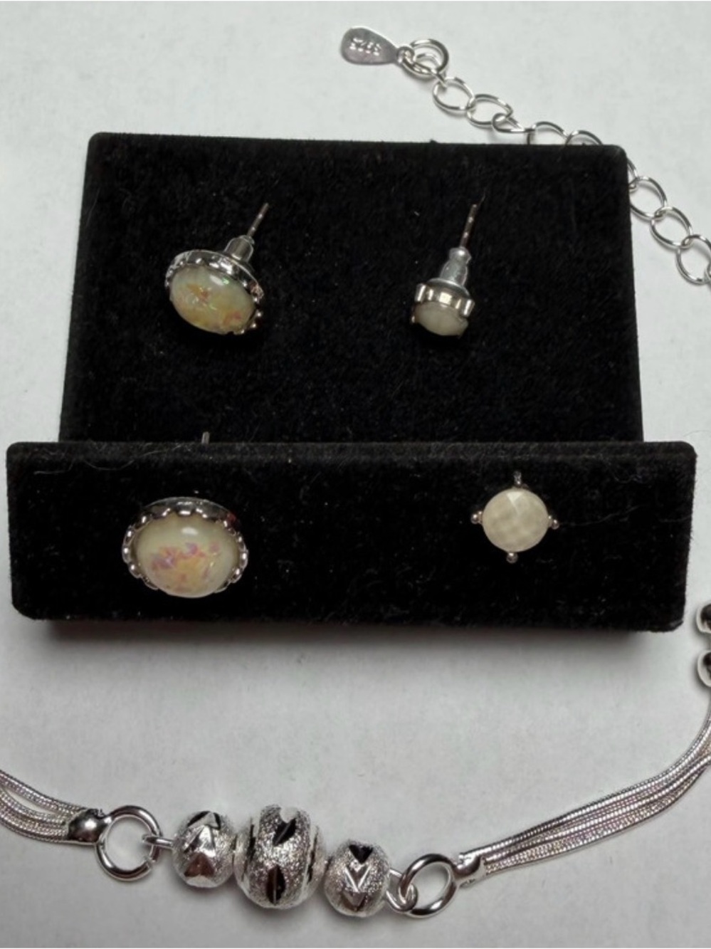 Silver Multi Strand Bracelet + Opal Stud Earrings Set Sparkly Statement Jewelry